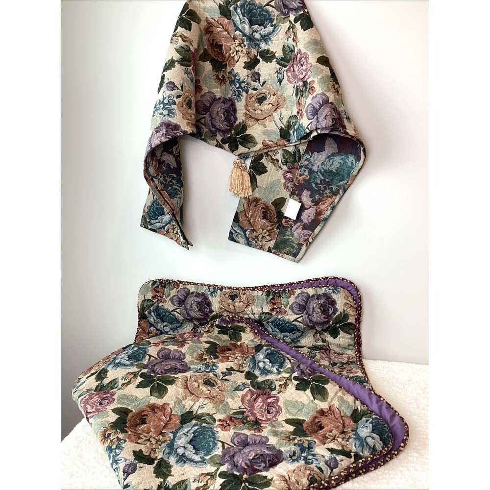 PB Brighton Tapestry King Shams (2) &‎ (2) Window Toppers Floral Purple Rose